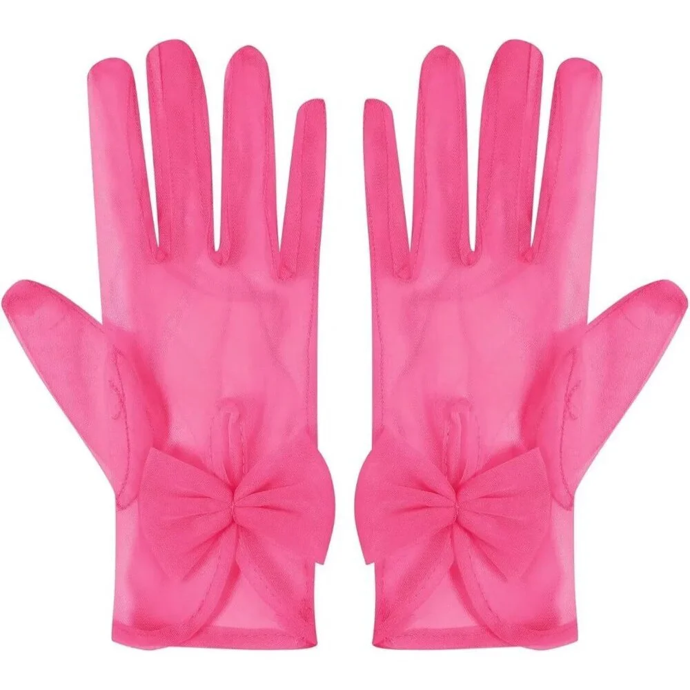 Women's Bow Pink Evening Sheer Tulle Short Length Gloves Wrist Tea Party Prom